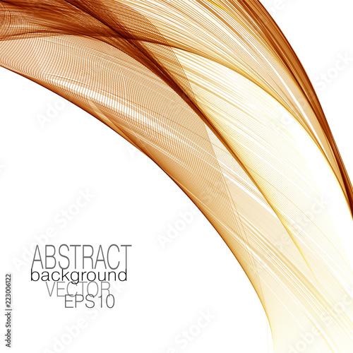 Modern template with brown-yellow waving curved lines. Flowing veil imitation. Abstract design element. Vector shiny lines background. Layout for brochure, book, cover, poster, leaflet, flyer. EPS10