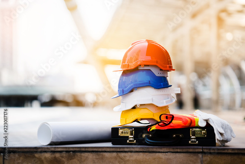 Teamwork of the construction team must have quality. Whether it is engineering, construction workers. And have a helmet to wear at work. For safety at work.