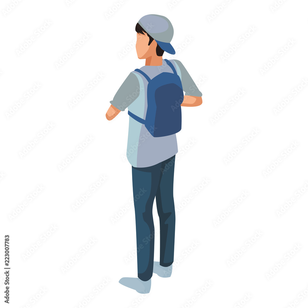 Young man back with backpack isometric