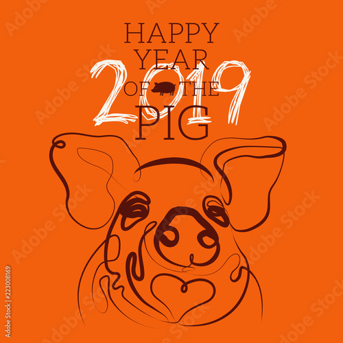 2019 Year of the Pig greeting card  with simple one even strokes style