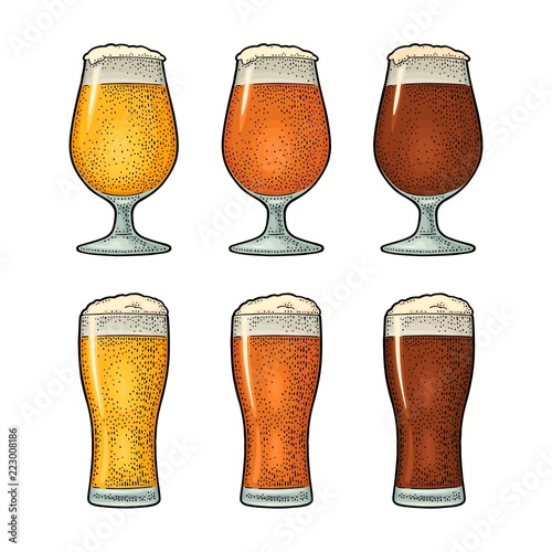 Glass with three types beer. Vintage color engraving