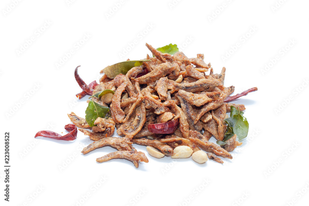 Crispy deep fried small fish on white background Crispy deep fried small fish on white background