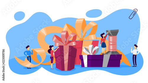 People with a big gift box prepare birthday present