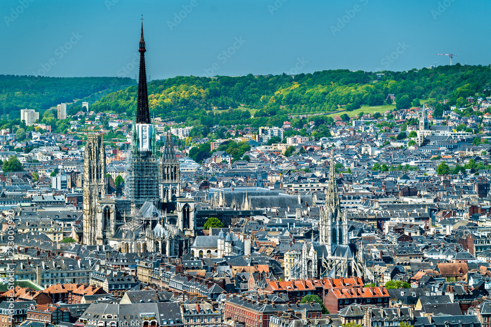 Aerial view of Notre Dame Cathedral and Saint-Maclou Church in Rouen, France