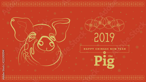 Vector illustration. 2019 Happy New Year design template, Asian Lunar Year. Hieroglyphs means congratulations on getting rich