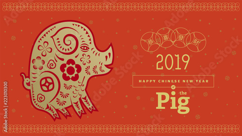 Vector illustration. 2019 Happy New Year design template, Asian Lunar Year. Hieroglyphs means congratulations on getting rich