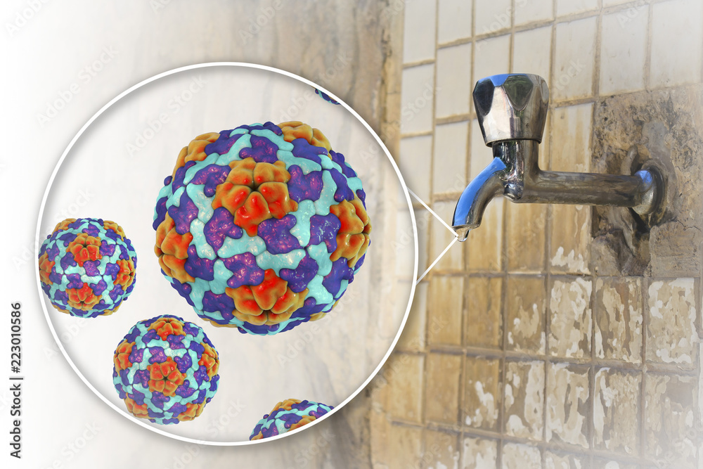 Safety of drinking water concept, 3D illustration showing Hepatitis A