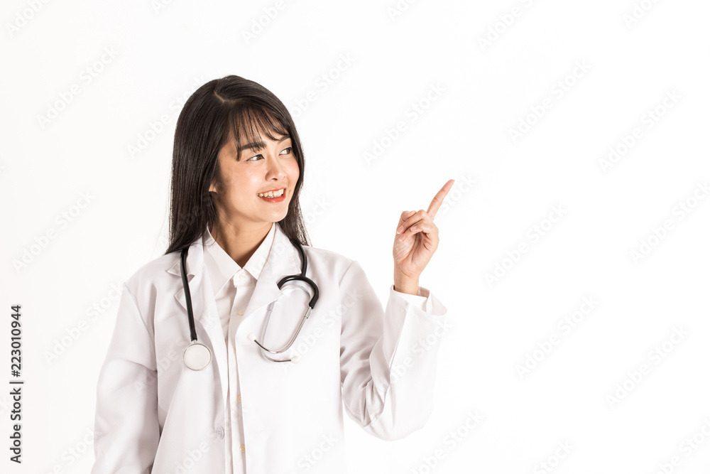 Asian Doctor woman smile and pointing feeling so happiness and cheerful,Isolated on white background,Healthcare Concept Asian Doctor woman smile and pointing feeling so happiness and cheerful,Isolated on white background,Healthcare Concept