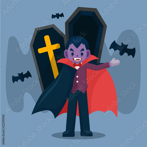Happy Halloween. Dracula vampire wearing black and red cape with bat. Dracula character illustration, cute cartoon vector
