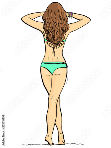 isolated object on white background, summer color. Beach and sand. The girl back, in a swimsuit on vacation.