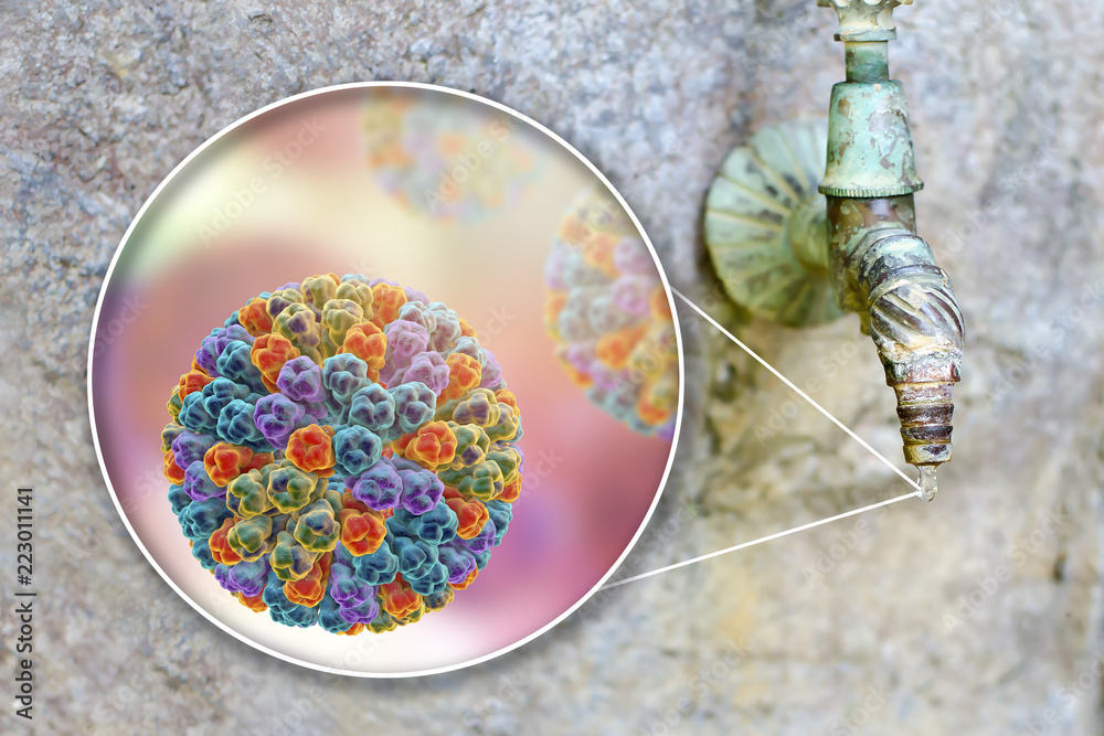 Safety of drinking water concept, 3D illustration showing rotaviruses contaminating drinking water
