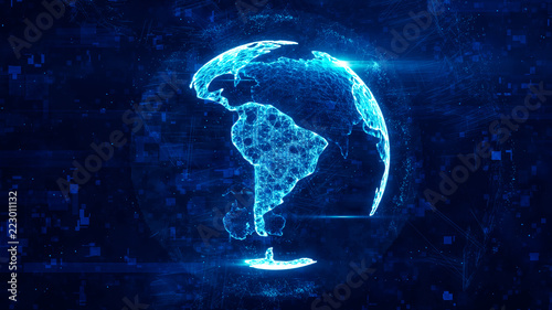 Digital globe made of plexus bright glowing lines. Detailed virtual planet earth. Technology structure of connected lines, dots and particles forming world. South america continent. 3d rendering
