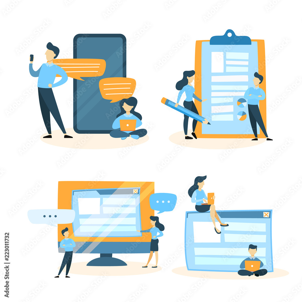 Set of small people working on computer