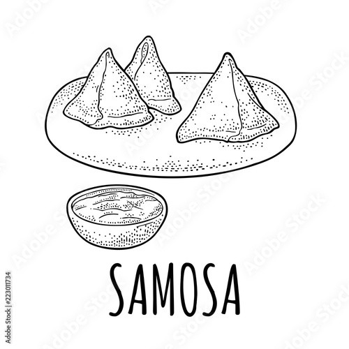 Samosa on board with sauces in bowl. Vector black engraving