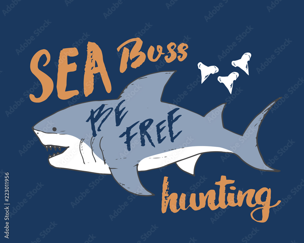 Fototapeta premium Cute Shark hand drawn sketch, T-shirt print design vector illustration