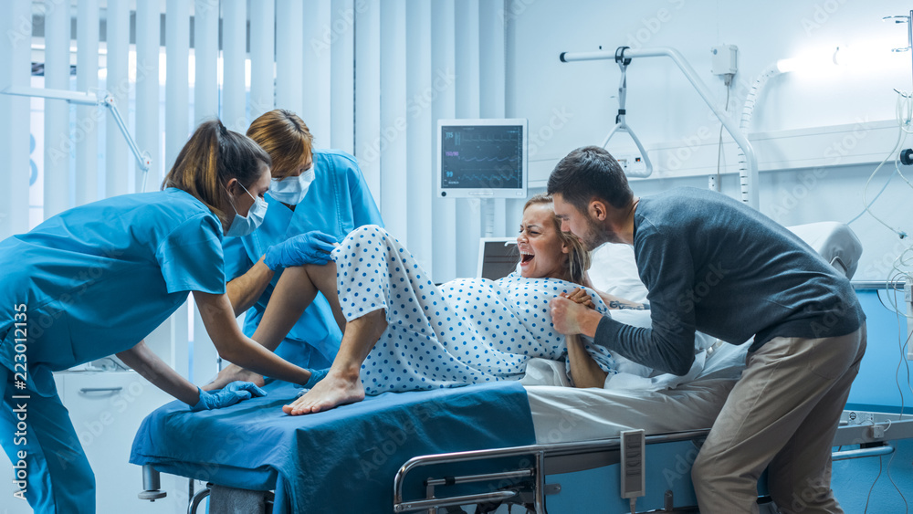 In the Hospital, Woman in Labor Gives Birth, Obstetricians and Doctors