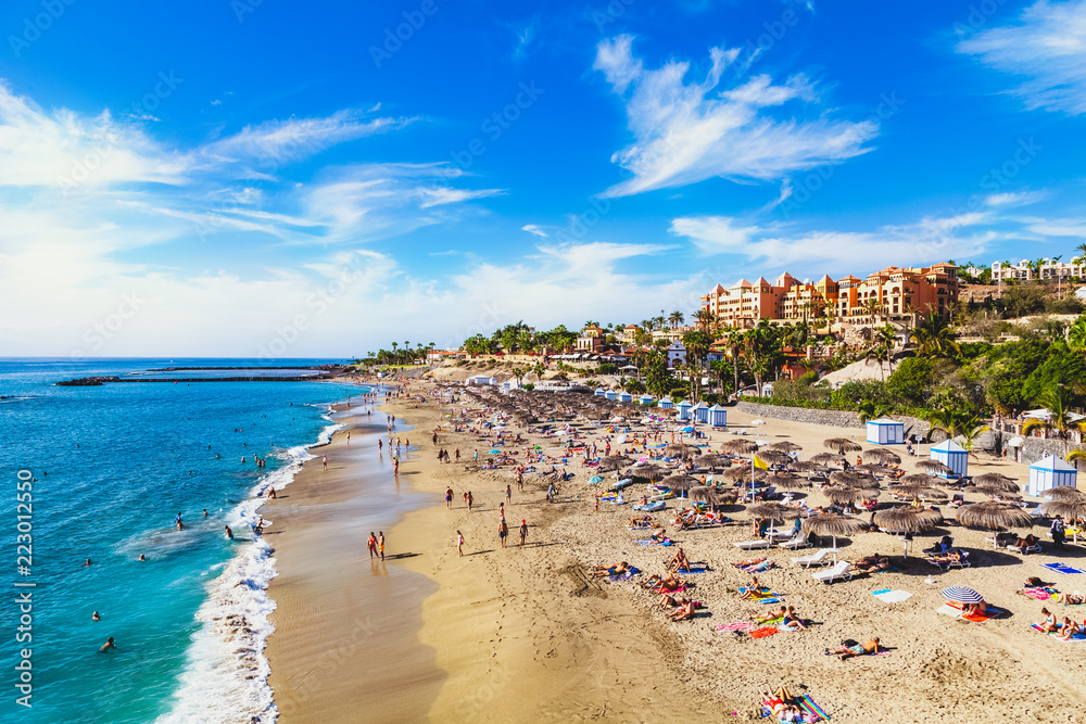 Panorama of El Duque beach in summertime, Tenerife island, Spain