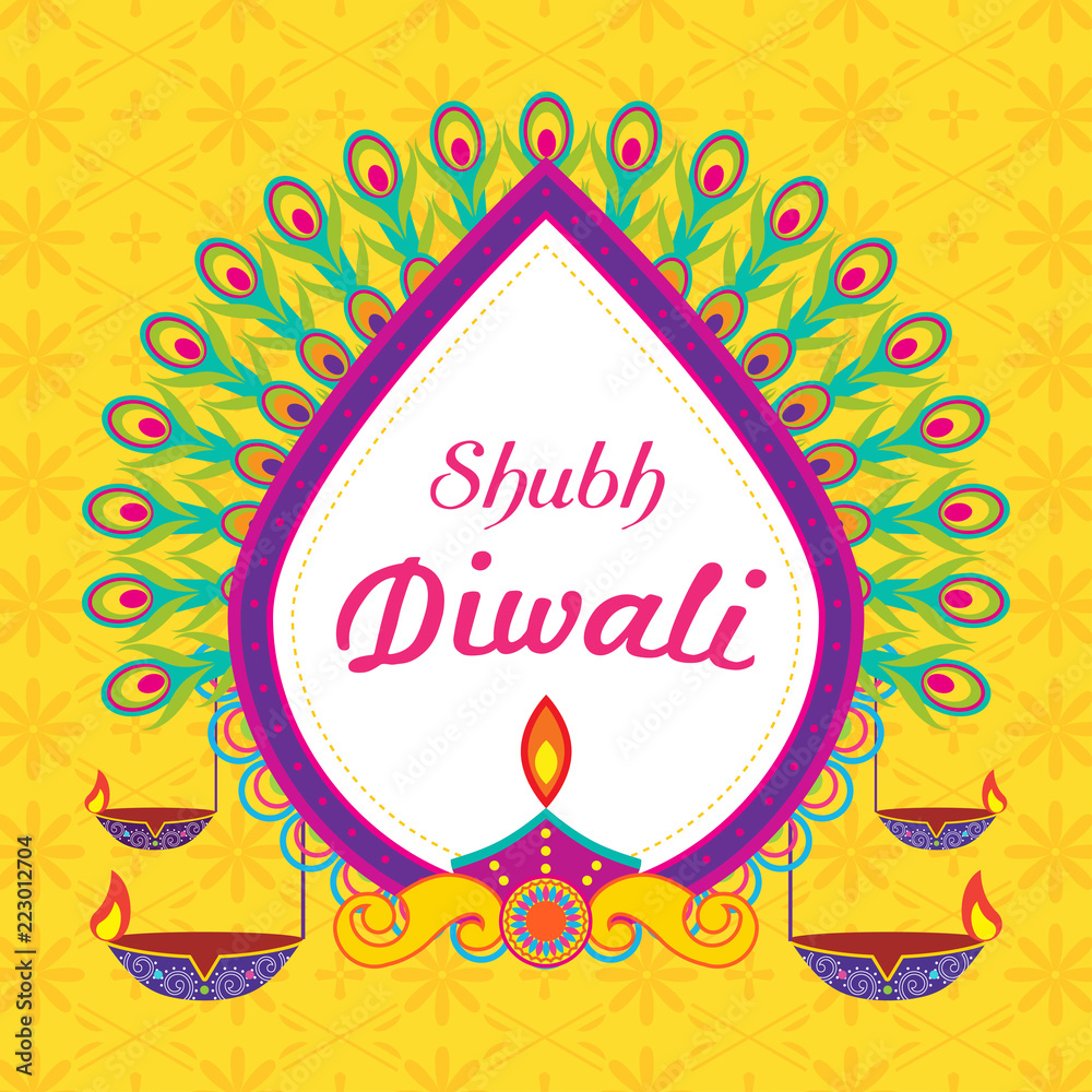 Shubh Diwali (Happy Diwali) greeting card Vector illustration, Beautiful elements with Diwali diya (oil lamp). 