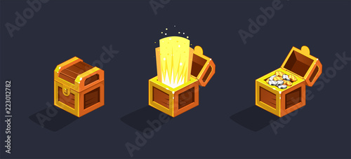 Treasure ches, open and closed antique golden boxes with golden and silver coins, game user interface element for video computer games vector Illustration