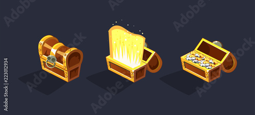 Treasure chest, open and closed antique boxes with coins, game user interface element for video computer games vector Illustration
