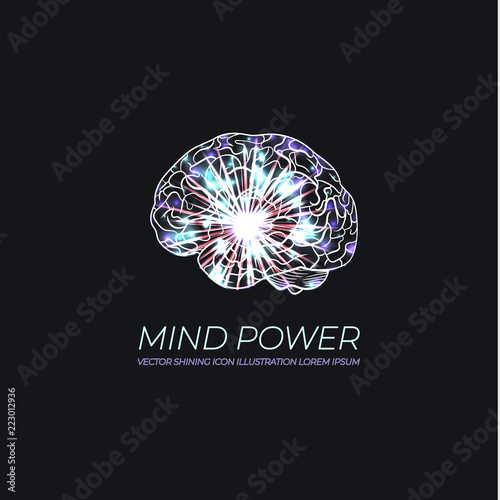 Vector Glowing Brain Illustration, Neon Logo, Scientific Image of Brain, Artificial Intellegence.