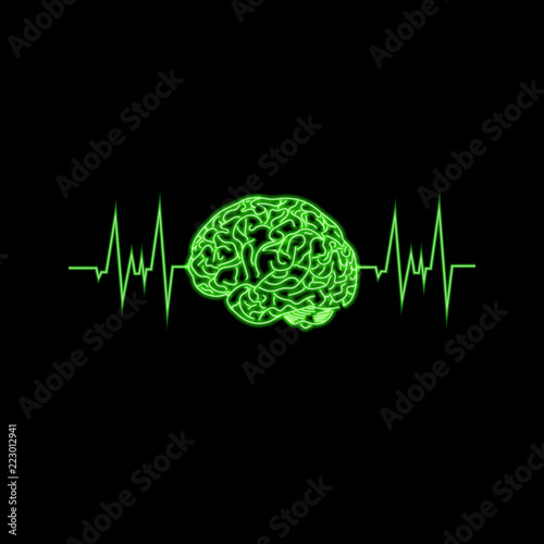 Vector Green Neon Brain with Pulse, Graphic Design Element.