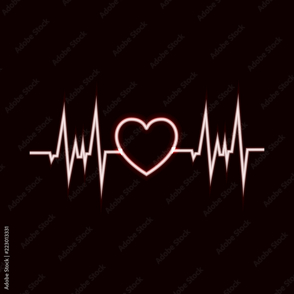 Vector Hearbeat Glowing Icon, Neon Pulsation, Black and White Image.