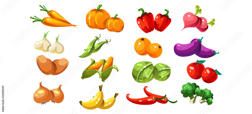 Ripe glossy coloful vegetables and fruits, game user interface element for video computer games vector Illustration Ripe glossy coloful vegetables and fruits, game user interface element for video computer games vector Illustration