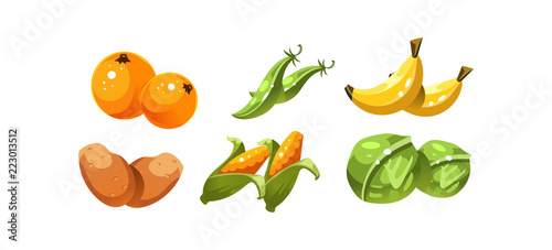 Ripe glossy vegetables and fruits, orange, green peas, banana, potato, corn, cabbage, game user interface element for video computer games vector Illustration
