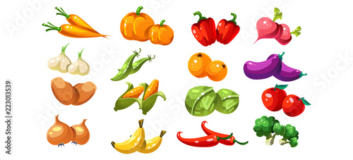 Ripe glossy coloful vegetables and fruits, game user interface element for video computer games vector Illustration