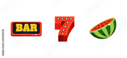 Slot machine colorful symbols, game user interface elements for computer or mobile games vector Illustration