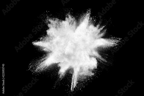 Fotografia White powder explosion isolated on black background.