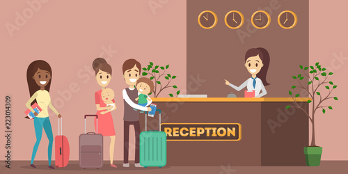 People standing in queue at the hotel reception.