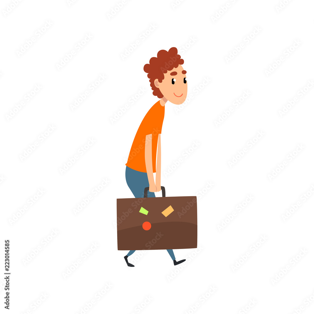 Young man carrying a heavy suitcase, people traveling on vacation concept  cartoon vector Illustration on a white background Stock Vector | Adobe Stock