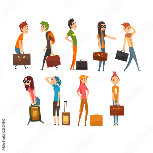 People carrying heavy suitcases set, young man and woman traveling on vacation cartoon vector Illustration on a white background