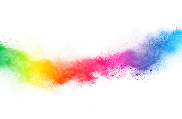 Abstract powder splatted background. Colorful powder explosion on white background. Colored cloud. Colorful dust explode. Paint Holi.