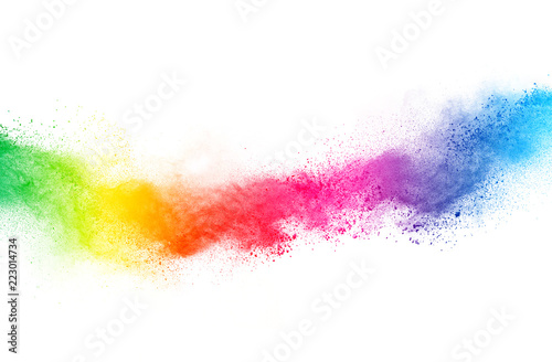 Abstract powder splatted background. Colorful powder explosion on white background. Colored cloud. Colorful dust explode. Paint Holi.