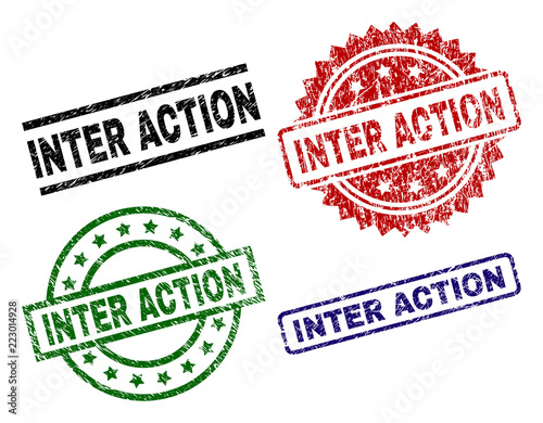 INTER ACTION seal prints with damaged style. Black, green,red,blue vector rubber prints of INTER ACTION tag with unclean style. Rubber seals with round, rectangle, rosette shapes.