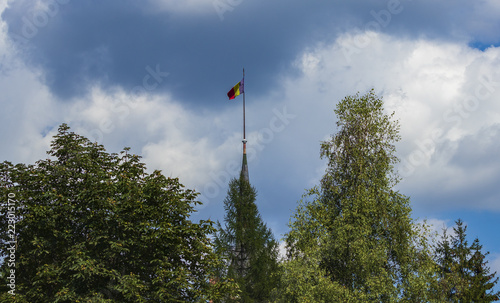 Romanian flag on the tower of Peles Palace
