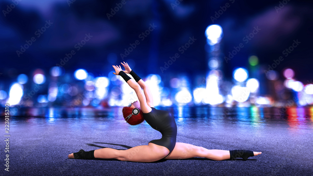 Dancer girl doing split exercise, redhead woman wearing headphones with city skyline at night in background, 3D rendering
