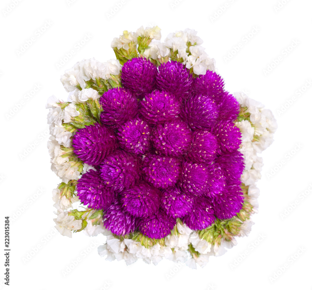 bouquet with Gomphrena and statice isolated on white