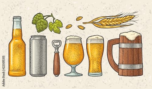 Beer set with wood mug, glass, can, hop, bottle. Engraving