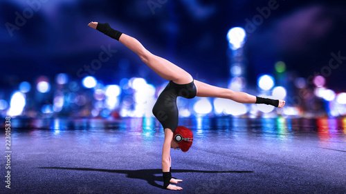 Dancer girl doing hand stand exercise, redhead woman wearing headphones with city skyline at night in background, 3D rendering