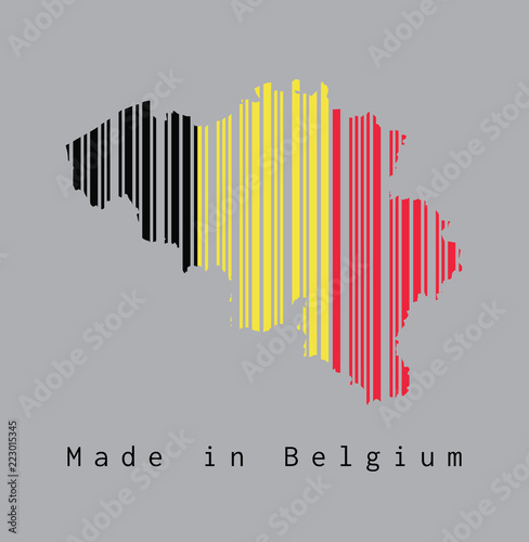 Barcode set the shape to Belgium map outline and flag color on grey background, text: Made in Belgium. concept of sale or business.