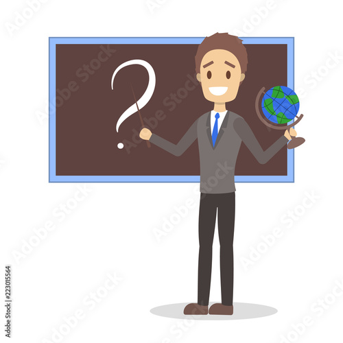 Young teacher standing at the blackboard with question mark