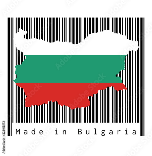 Map outline and flag of Bulgaria on black barcode with white background, text: Made in Bulgaria. concept of sale or business.