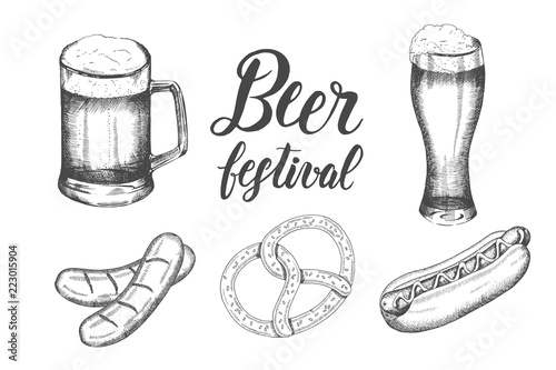 Oktoberfest set with hand drawn beer glass, pretzel, sausage and hod dog. Hand made lettering. Sketch. Oktoberfest objects for menu, poster, banner, flyer, brochure, web, advertising