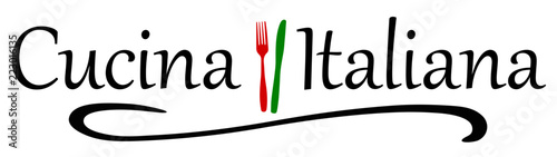 Cucina Italiana writing with fork and knife in Italian colors, red and green