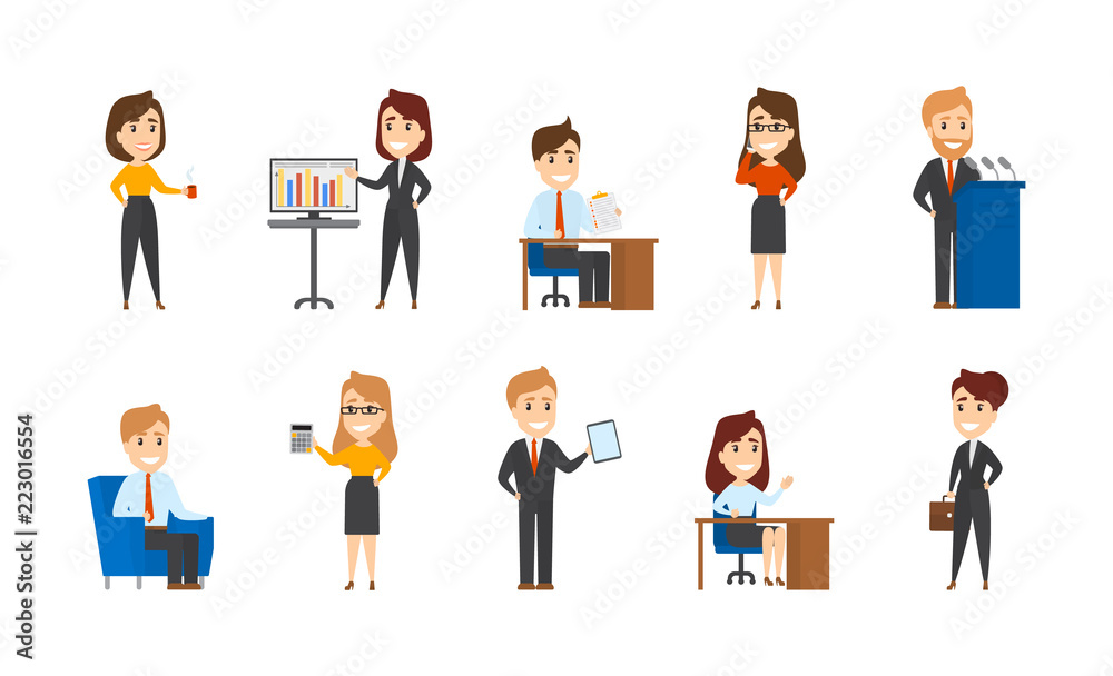 Collection of office workers in different situations