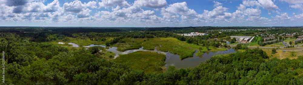 Top view of the river by trees and meadows on beautiful garden or park with trees